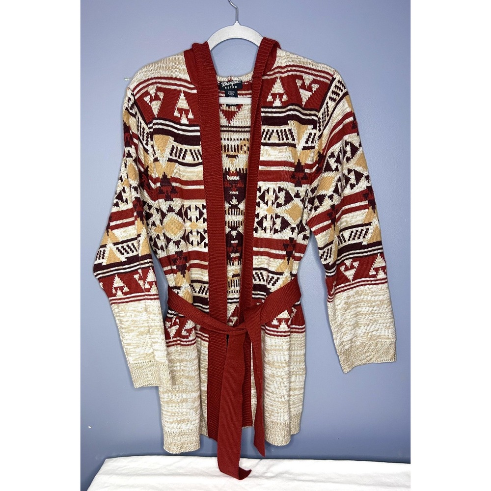 Wrangler Retro Cardigan Sweater Womens Small Aztec Geometric Belted Knit Western